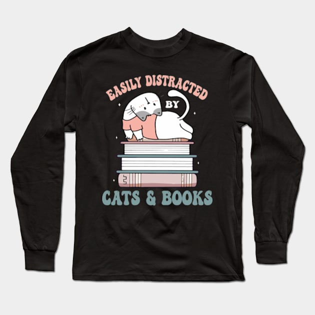 easily distracted by cats and books Long Sleeve T-Shirt by David Brown